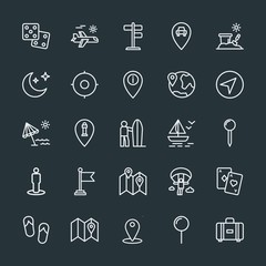 Modern Simple Set of location, travel Vector outline Icons. Contains such Icons as  airplane,  game,  car, sand, fashion,  map,  summer, map and more on dark background. Fully Editable. Pixel Perfect.