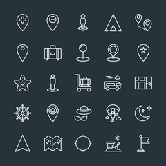 Modern Simple Set of location, travel Vector outline Icons. Contains such Icons as  road, direction, map,  location,  information, parachute and more on dark background. Fully Editable. Pixel Perfect.