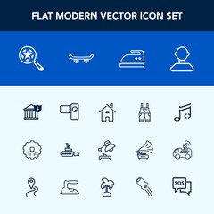 Modern, simple vector icon set with boat, magnifying, sea, architecture, male, interior, retro, wear, bank, movie, clothes, search, money, house, domestic, home, web, clothing, iron, table, note icons