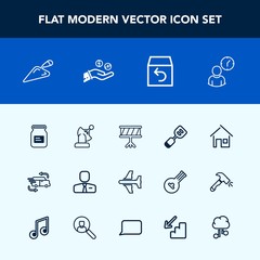 Modern, simple vector icon set with job, airplane, time, clock, employer, shovel, hour, music, metal, plane, container, sound, musical, building, drum, can, delivery, tin, spatula, equipment icons