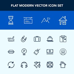 Modern, simple vector icon set with white, clock, food, yacht, transport, tag, tshirt, urban, vehicle, water, sea, airport, transportation, boat, fashion, hamburger, science, paper, time, train icons