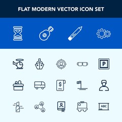 Modern, simple vector icon set with speed, air, sun, white, sand, target, bus, meeting, hour, street, timer, customer, sign, helicopter, fashion, transportation, musical, conference, transport icons
