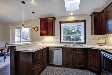 Remodeled kitchen with skylights.