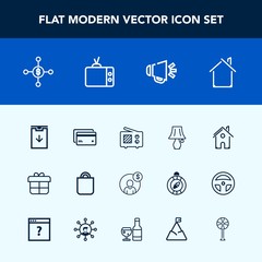 Modern, simple vector icon set with business, sound, gift, house, speaker, loud, box, banking, celebration, radio, wireless, signal, plastic, decoration, home, investment, voice, people, video icons