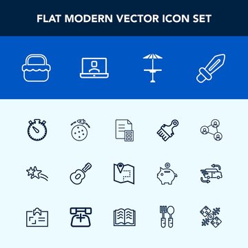 Modern, simple vector icon set with money, holiday, pub, sword, guitar, park, brush, light, internet, medieval, falling, summer, bar, knight, star, space, watch, grass, display, blade, paint icons