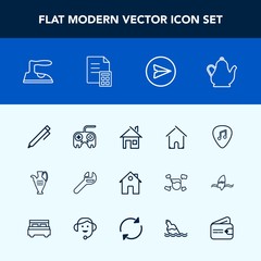 Modern, simple vector icon set with pencil, equipment, hot, message, kettle, property, write, white, iron, spanner, pen, domestic, drink, kitchen, email, web, building, musical, communication icons