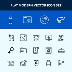 Modern, simple vector icon set with property, office, folder, investment, online, money, weapon, file, travel, medal, pin, message, blank, post, ring, document, map, landscape, contract, house icons