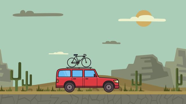 Animated red SUV car with bicycle on the roof trunk riding through canyon desert landscape . Moving minivan on background. Flat animation.