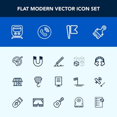 Modern, simple vector icon set with paintbrush, science, transportation, relocation, field, cardboard, presentation, technology, string, magnetic, house, national, transport, phone, write, train icons