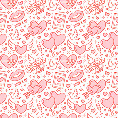 Romance seamless pattern. Love, wedding flat line icons - hearts, chocolate, kiss, Cupid, doves, valentine day card. Red white wallpaper for february 14 celebration.