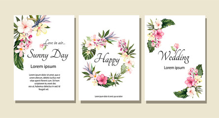 Set of card with exotic leaves. Tropical Wedding ornament concept. Floral poster, invite. Vector decorative greeting card or invitation design background