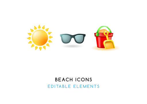 Set of Real Cute Beach Elements on White Background . Isolated Vector Illustration