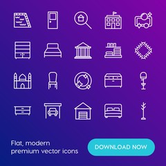 Modern Simple Set of buildings, furniture, housekeeping Vector outline Icons. Contains such Icons as drawer,  summer,  seat,  room, bar and more on gradient background. Fully Editable. Pixel Perfect.