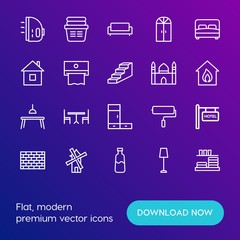 Fototapeta na wymiar Modern Simple Set of buildings, furniture, housekeeping Vector outline Icons. Contains such Icons as machine, windmill, roller, paint and more on gradient background. Fully Editable. Pixel Perfect.