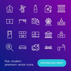 Modern Simple Set of buildings, furniture, housekeeping Vector outline Icons. Contains such Icons as  bank,  modern,  housework,  lamp and more on gradient background. Fully Editable. Pixel Perfect.