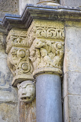 The right chapiter of the portal of the Church of the Holy Virgin Mary Lizkirchen is decorated with beautiful and ancient stone carvings. Cologne, Germany, August 2017.