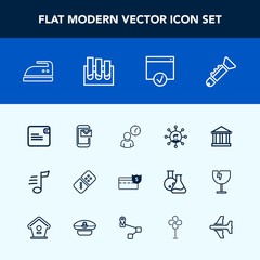 Modern, simple vector icon set with medical, phone, work, display, technology, play, analysis, greece, bugle, communication, mail, email, screen, melody, housework, musical, white, trumpet, page icons