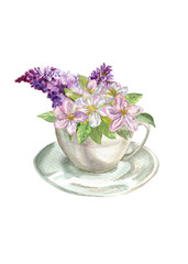 Fototapeta na wymiar Watercolor apple and lilac flowers in white cup