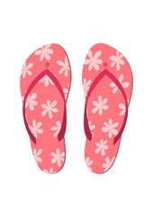 Pink flip flops with flowers on white background. Vector illustration.