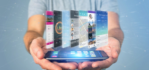 Businessman holding 3d rendering app template on a smartphone