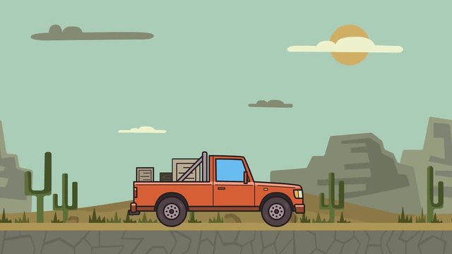 Animated pickup truck with boxes in the trunk riding through canyon desert . Moving delivery car on desert landscape background. Flat animation