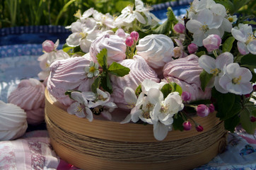 marshmallows of a spring composition on a wooden basis. Still Life with Apple Flowers