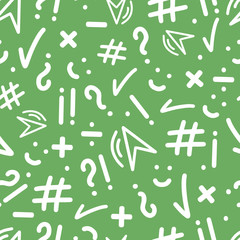Abstract seamless patterns with punctuation marks, hashtag, check mark, smile, multiplication, division sign on green backgroung. Hand drawn elemements for on-line communication, chatting. Vector