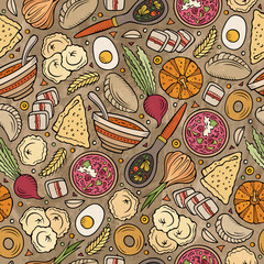 Naklejka premium Cartoon hand-drawn Russian food seamless pattern