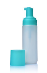 Blank white mockup dispenser bottle of cosmetic product with turquoise lid