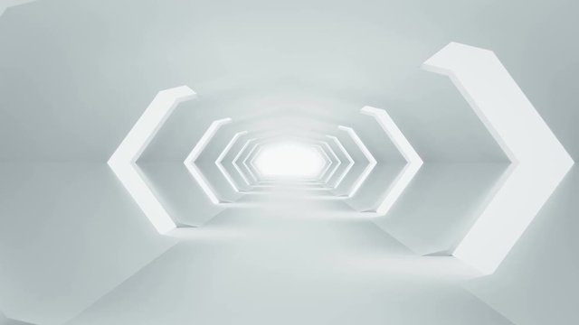 Futuristic white sci-fi tunnel interior. Science fiction corridor. Abstract modern technology background. Seamless loop 3D render animation 4k UHD 3840x2160
