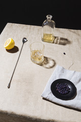 A bottle of gin, a glass with ice and gin, juniper berries and a lemon