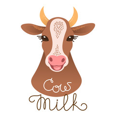 Cute cow portrait. Cow milk inscription. Calf character in cartoon style.