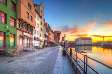 Port crane at Motlawa river in Gdansk at sunrise, Poland
