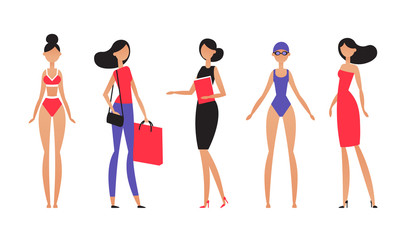 Fototapeta premium Brunette woman in different styles of clothes, with different hairstyles and poses. Model in simple flat abstract style. Vector illustration