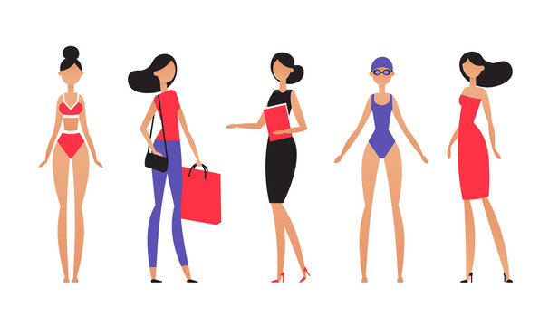 Brunette woman in different styles of clothes, with different hairstyles and poses. Model in simple flat abstract style. Vector illustration