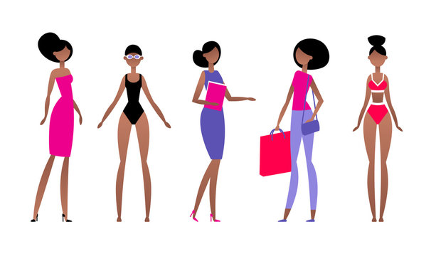 Black woman in different styles of clothes, with different hairstyles and poses. Model in simple flat abstract style. Vector illustration