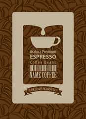 Vector label for coffee beans with cup and barcode in retro style on background with coffee beans. Espresso