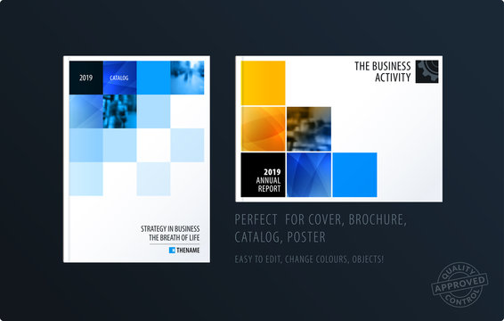 Brochure design square template. Colourful modern abstract set, annual report with pixels for branding.