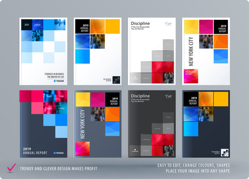 Brochure design square template. Colourful modern abstract set, annual report with pixels for branding.