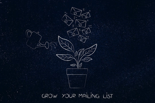 watering a plant with emails growing from it, mailing list growth concept