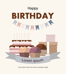 Set of sweet cupcake, birthday cake and gifts Birthday card 