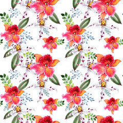 Seamless pattern with tropical flowering orchids and leaves. Can be used as a fabric, cover, wrapper.