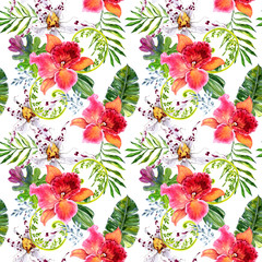 Seamless pattern with tropical flowering orchids and leaves. Can be used as a fabric, cover, wrapper.