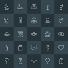 Modern Simple Set of clothes, drinks, valentine Vector outline Icons. Contains such Icons as  photography, alcohol,  decoration,  panties and more on dark background. Fully Editable. Pixel Perfect.