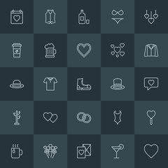 Modern Simple Set of clothes, drinks, valentine Vector outline Icons. Contains such Icons as floral,  mail,  shirt,  bunch,  nature,  drink and more on dark background. Fully Editable. Pixel Perfect.