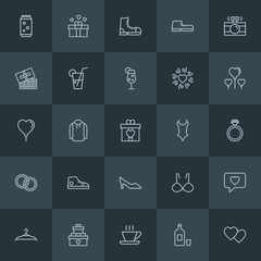 Modern Simple Set of clothes, drinks, valentine Vector outline Icons. Contains such Icons as  drink,  leather, love,  bikini, hanger,  gift and more on dark background. Fully Editable. Pixel Perfect.