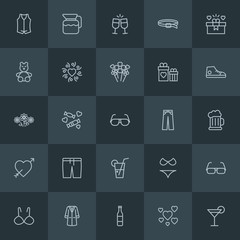 Modern Simple Set of clothes, drinks, valentine Vector outline Icons. Contains such Icons as  bikini,  celebration,  water, love, coat, vest and more on dark background. Fully Editable. Pixel Perfect.