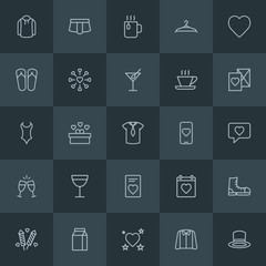 Modern Simple Set of clothes, drinks, valentine Vector outline Icons. Contains such Icons as  xmas,  fashion, holiday,  casual,  hook,  day and more on dark background. Fully Editable. Pixel Perfect.