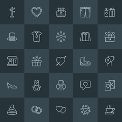 Modern Simple Set of clothes, drinks, valentine Vector outline Icons. Contains such Icons as  clothing, hot,  perfume,  espresso,  holiday and more on dark background. Fully Editable. Pixel Perfect.