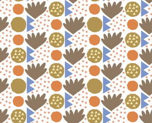 Ornamental seamless pattern with abstract form, geometry shapes, dots. Cute print in scandinavian style.The image is made hand-made. Abstract background. Ornamental, traditional, simple. 
